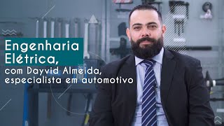 Dayvid Almeida, no programa Guia das Profissões, ao lado do escrito" Engenharia Elétrica, com Dayvid Almeida, especialista em automotivo".
