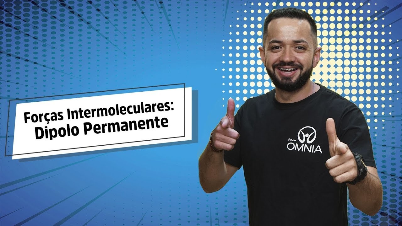 Professor ao lado do escrito "Dipolo Permanente | Forças Intermoleculares" em fundo azul.